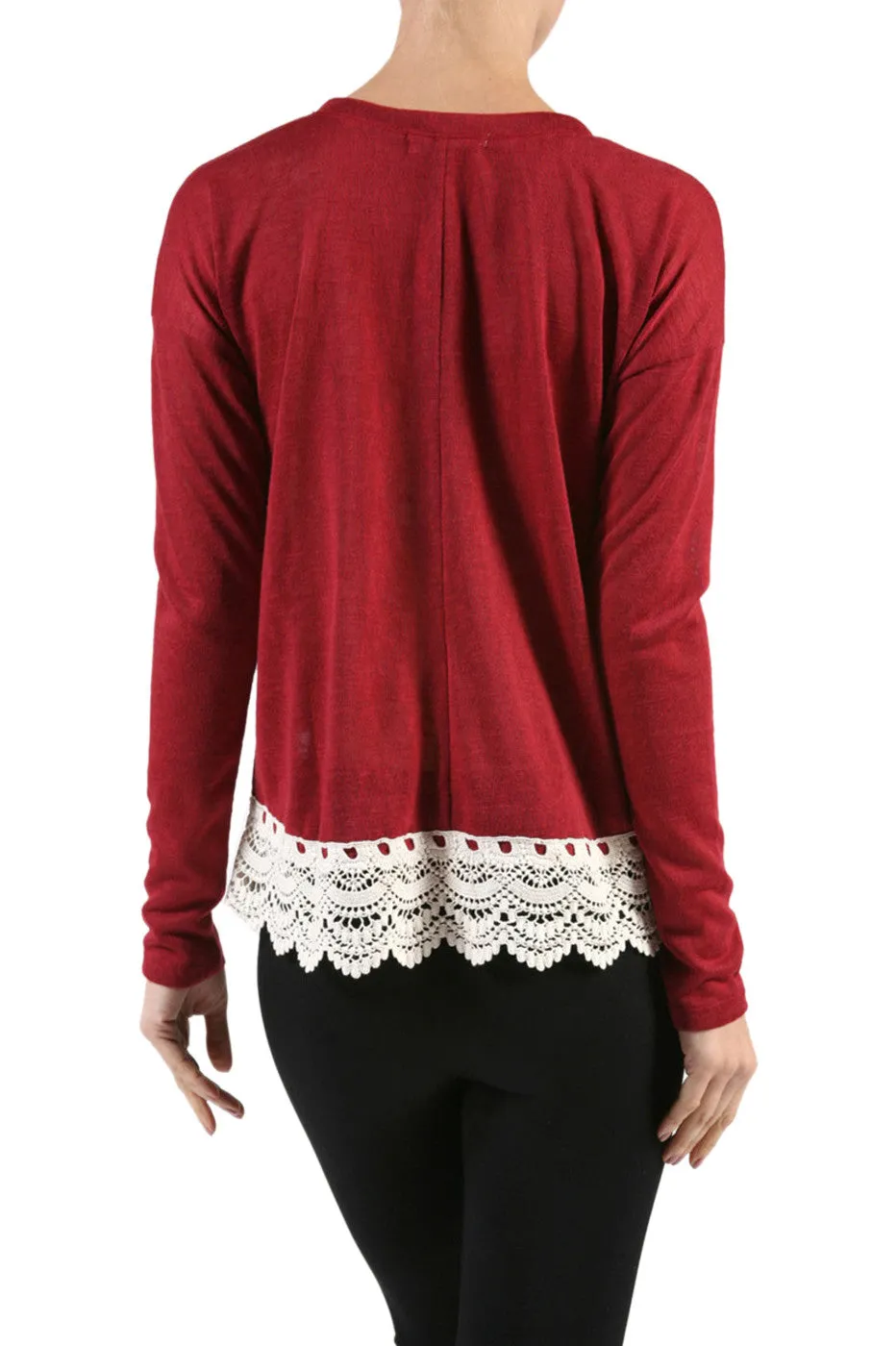 Long Sleeve Sweater With Sheer Lace Trim