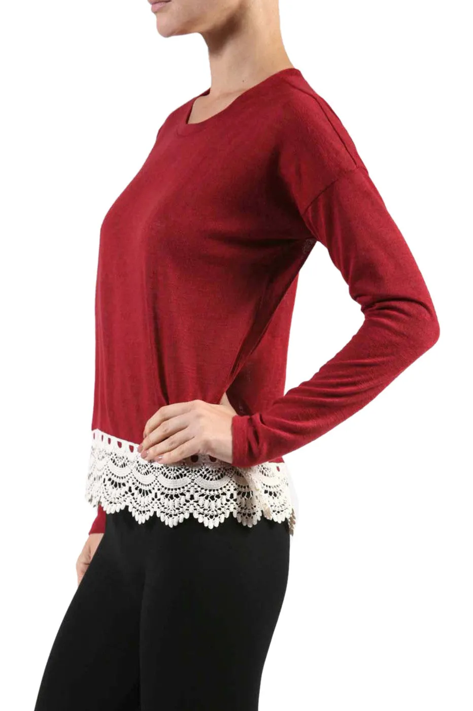 Long Sleeve Sweater With Sheer Lace Trim