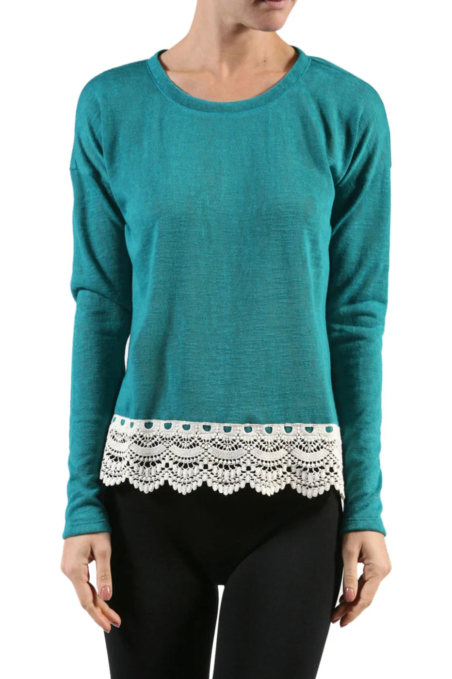 Long Sleeve Sweater With Sheer Lace Trim