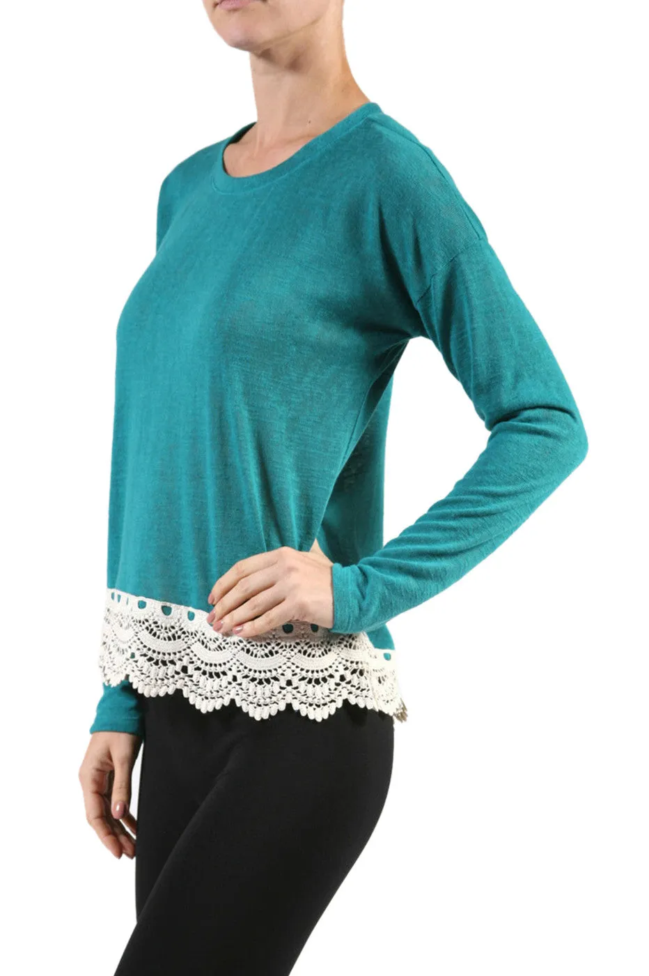 Long Sleeve Sweater With Sheer Lace Trim