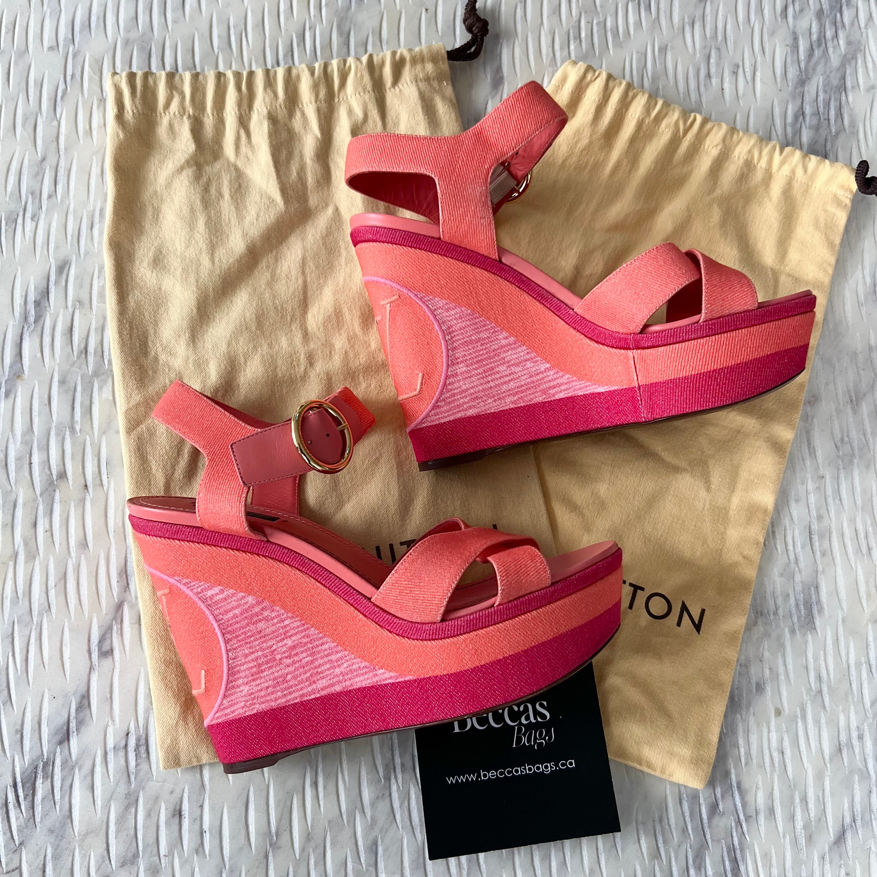 Louis Vuitton Pink Orange Canvas Wedge Heels