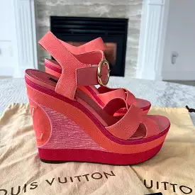 Louis Vuitton Pink Orange Canvas Wedge Heels