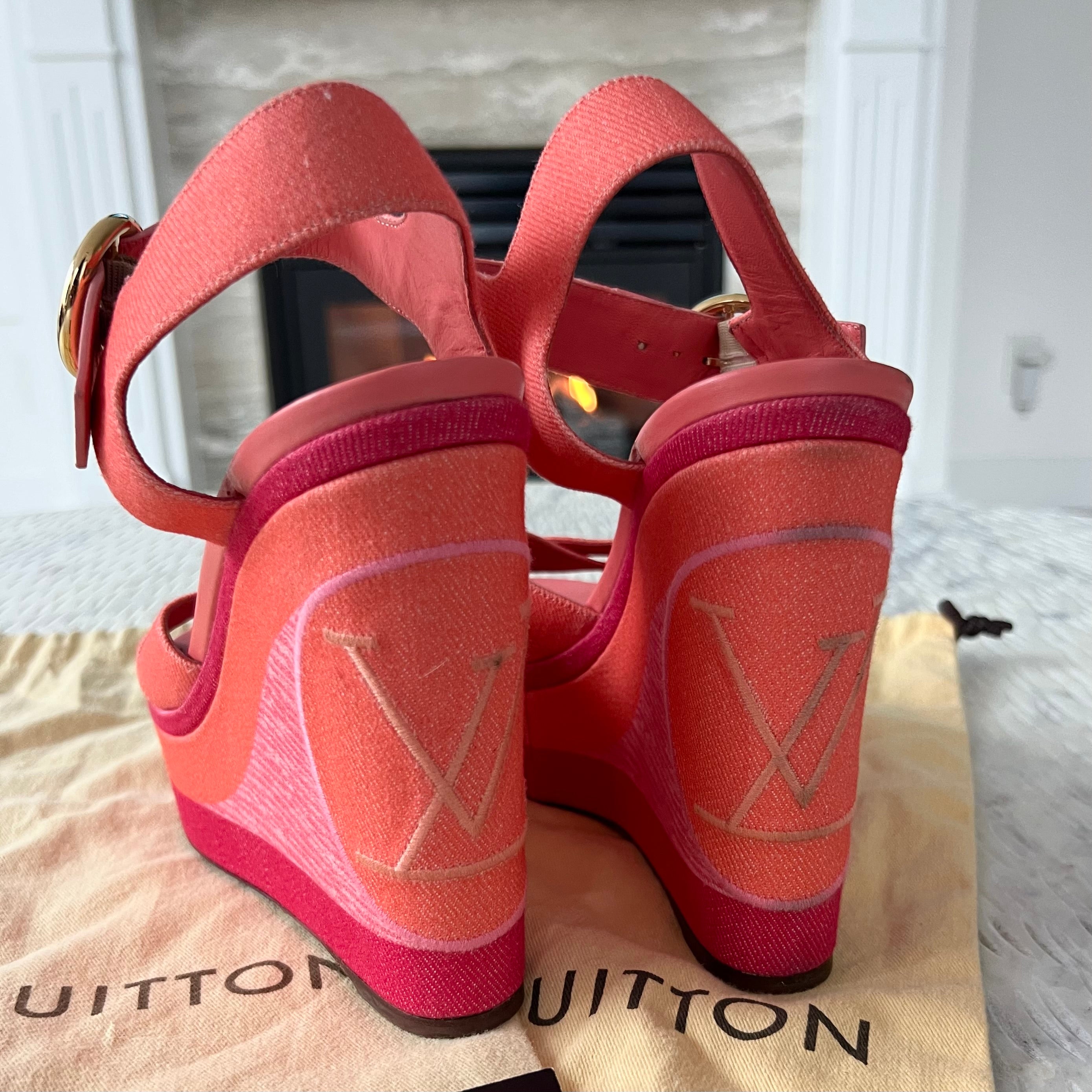 Louis Vuitton Pink Orange Canvas Wedge Heels