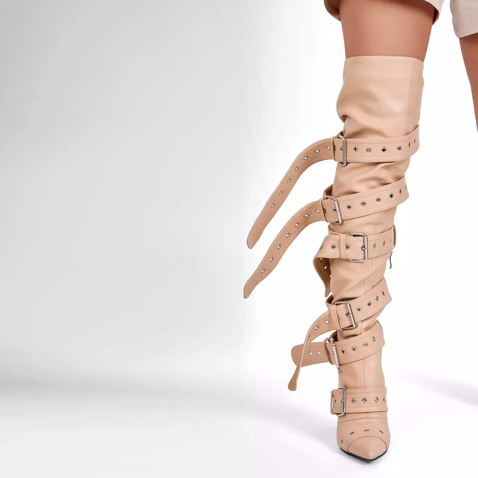 Multi Buckle Strap Thigh High Pointed Toe Stiletto Boots