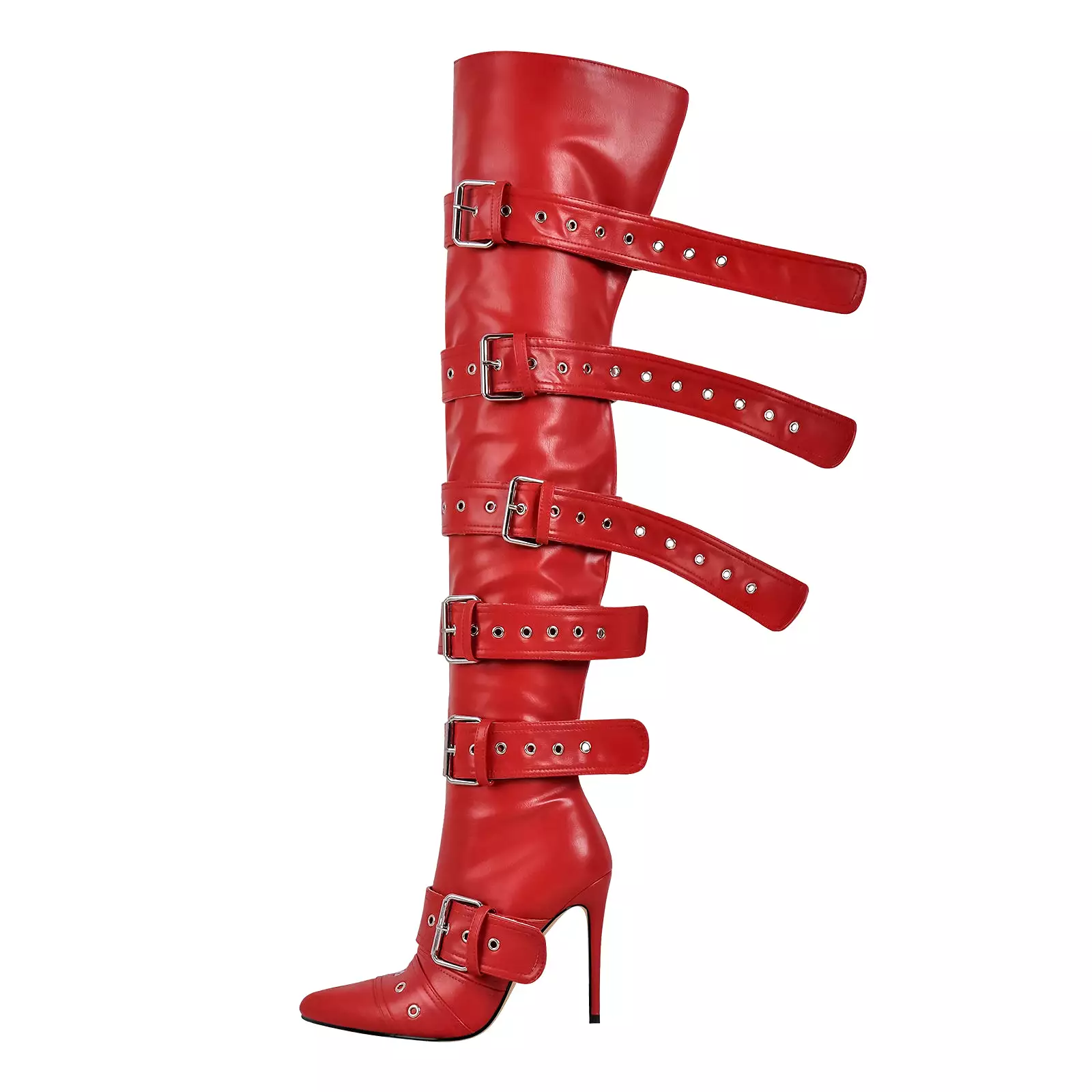 Multi Buckle Strap Thigh High Pointed Toe Stiletto Boots