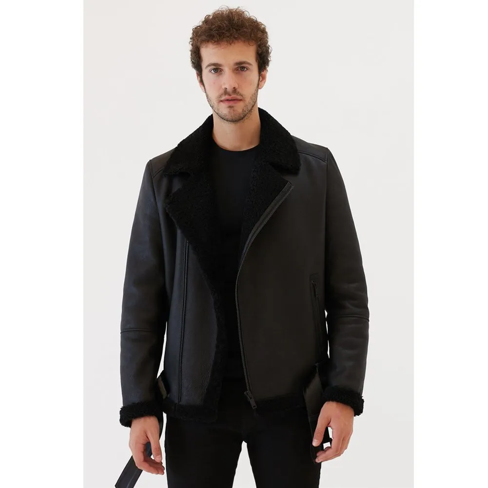 New Mens Nylon Black Pilot Sheepskin Jacket