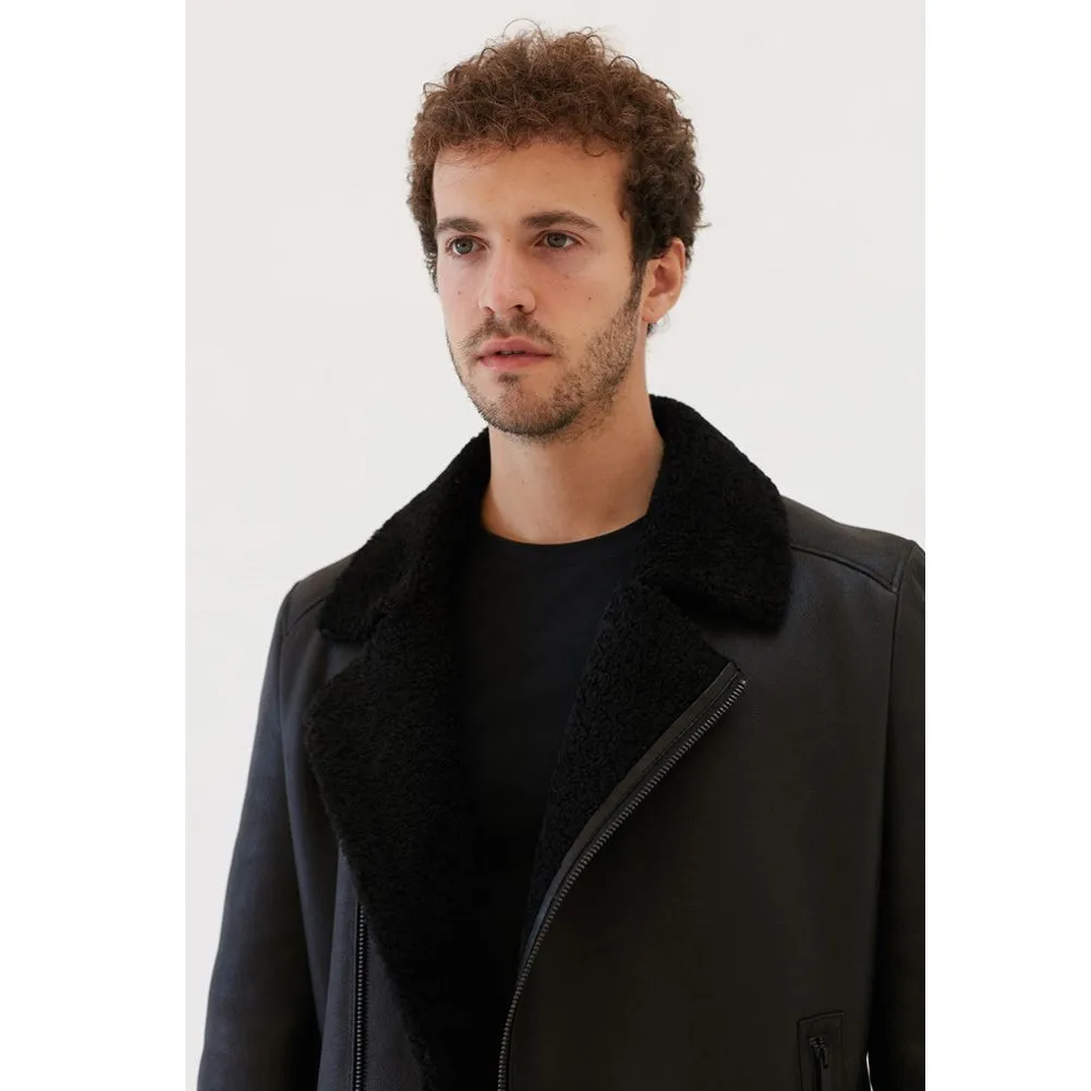 New Mens Nylon Black Pilot Sheepskin Jacket