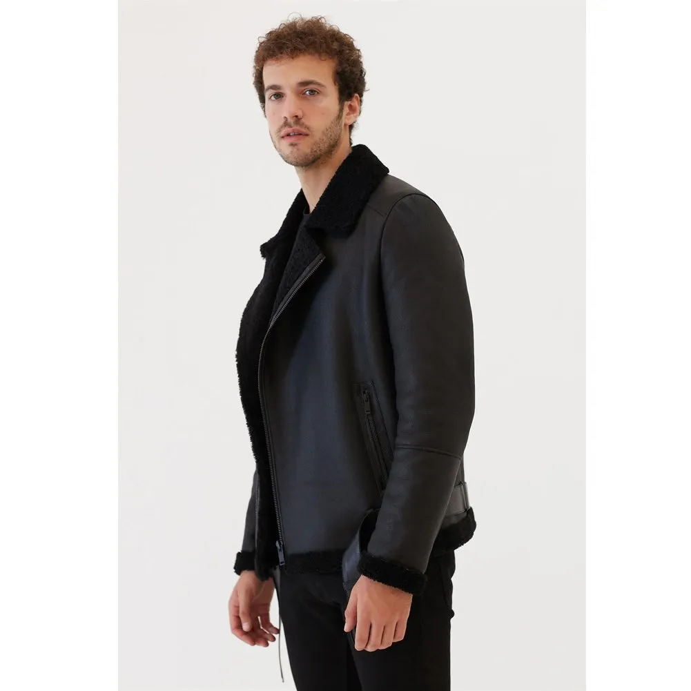 New Mens Nylon Black Pilot Sheepskin Jacket