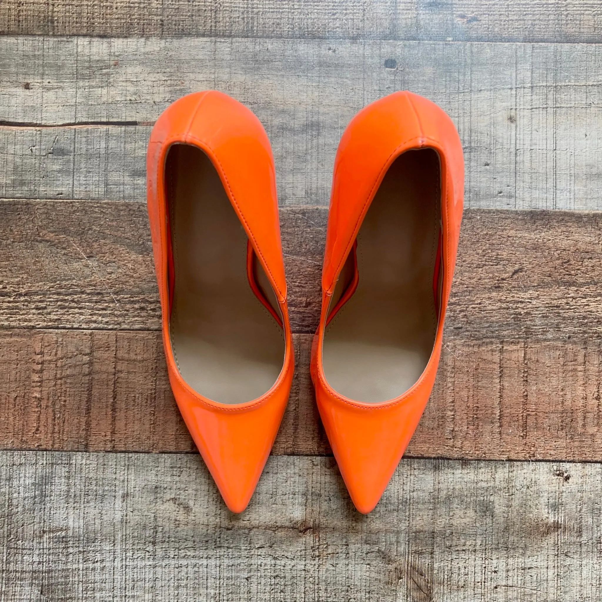 No Brand Bright Orange Patent Pointy Toe Stiletto Heels- Size 39/US 9 (New in Box)