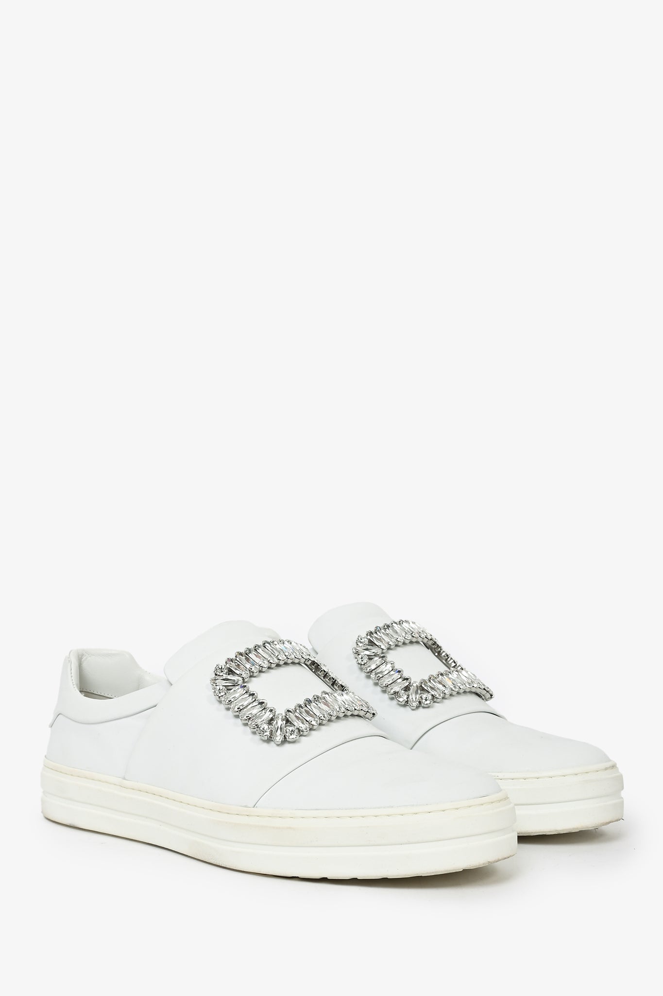 Roger Vivier White Leather Crystal Embellished Sneakers Size 38