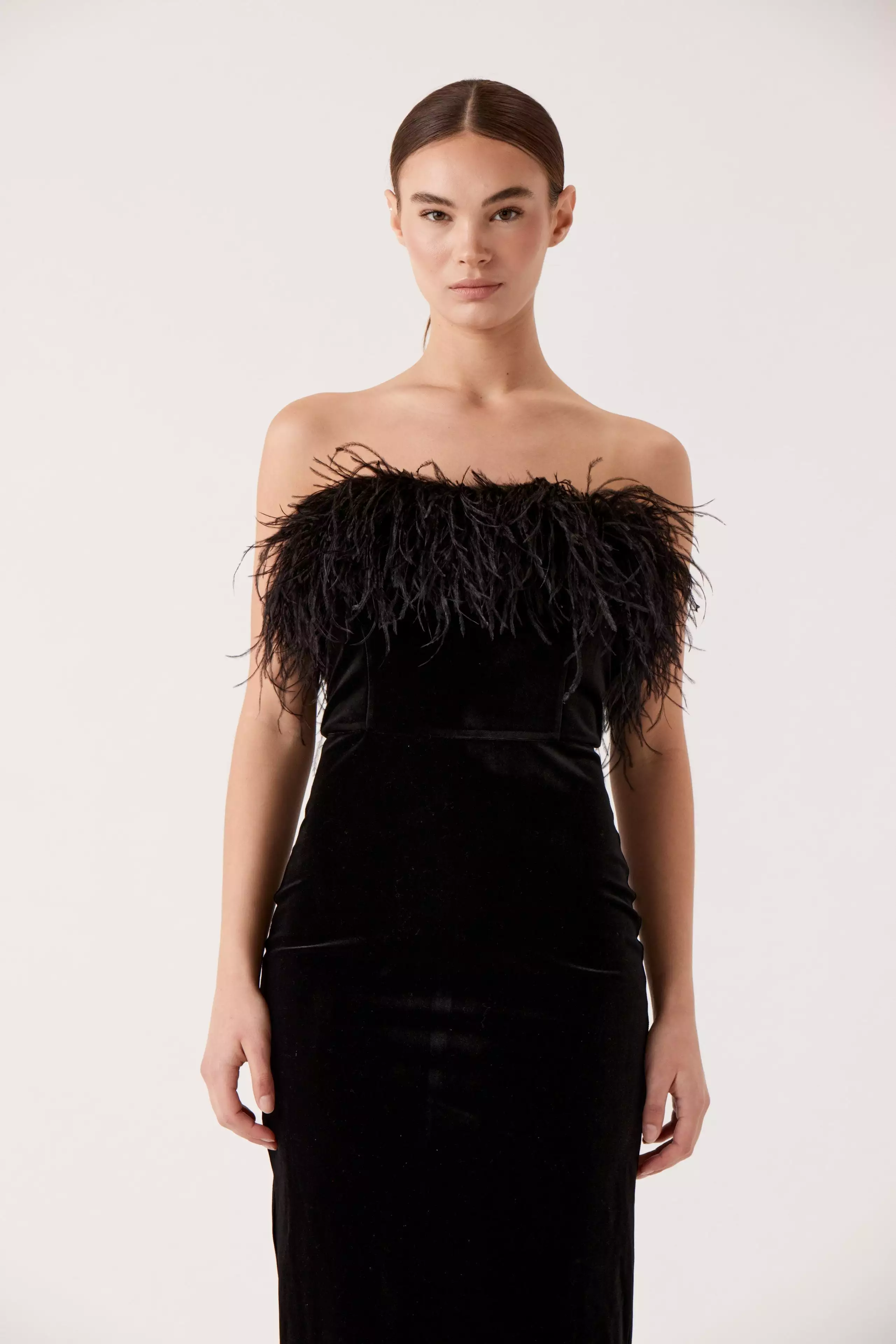 SHELBY FEATHERED VELVET DRESS