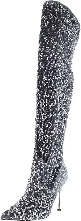 Steve Madden Vivee Silver Glitter Pointed Toe Stiletto Heel Over The Knee Boots