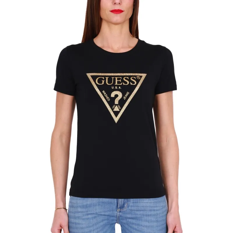 T-SHIRT CON STAMPA LOGO E STRASS, NERO