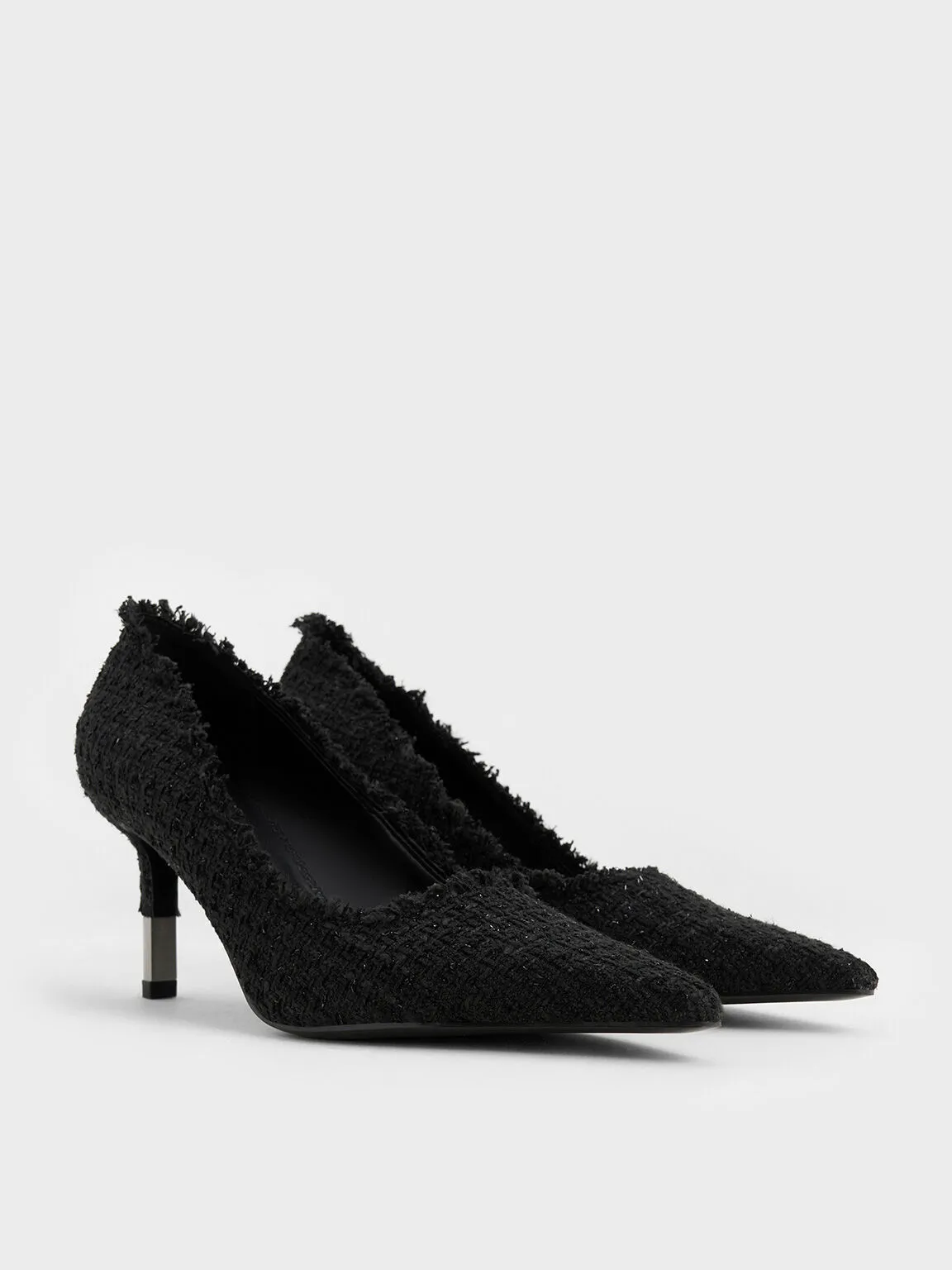 Tweed Pointed-Toe Stiletto Pumps - Black Textured