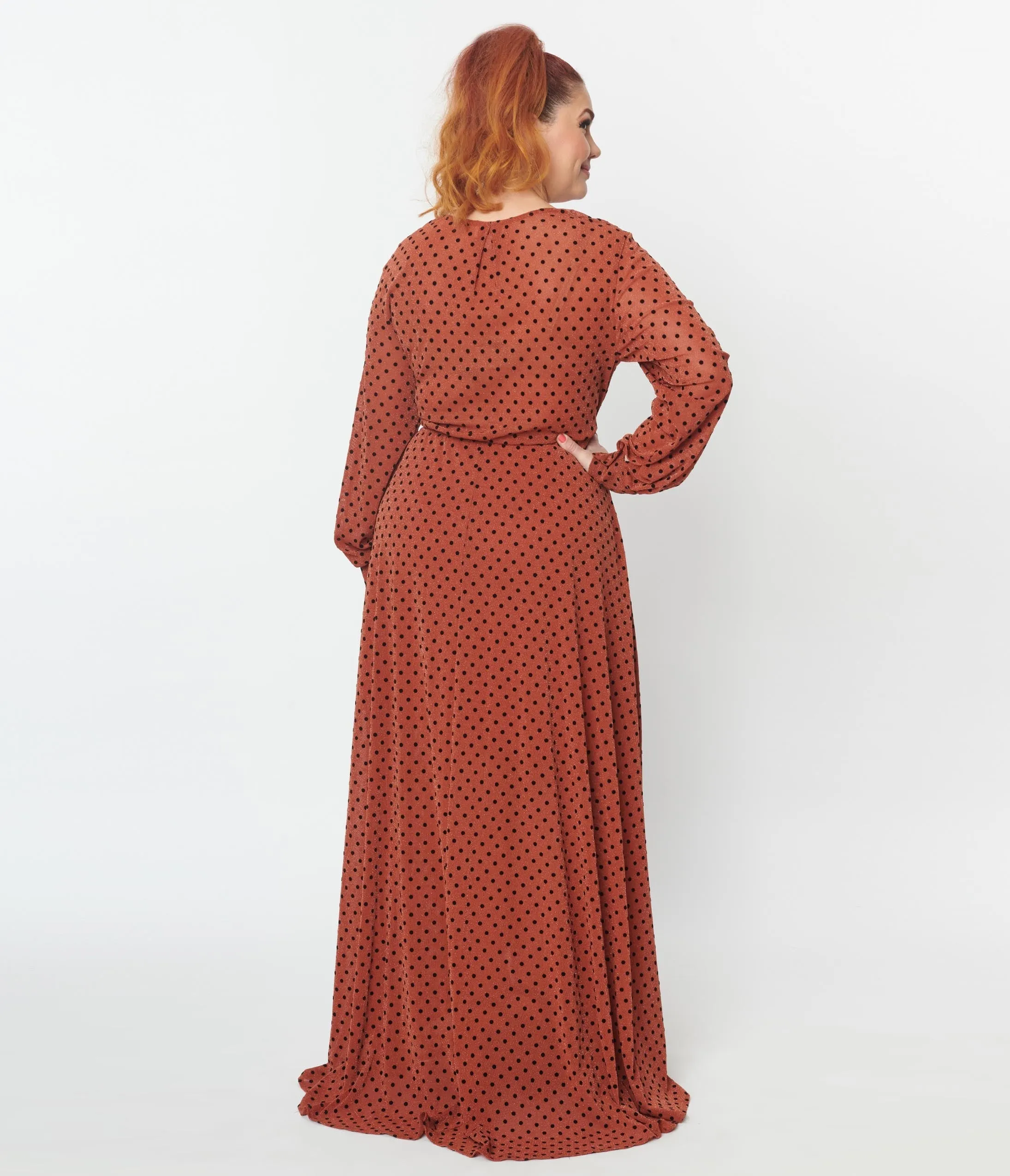 Unique Vintage 1970s Rust & Black Polka Dot Farrah Maxi Dress