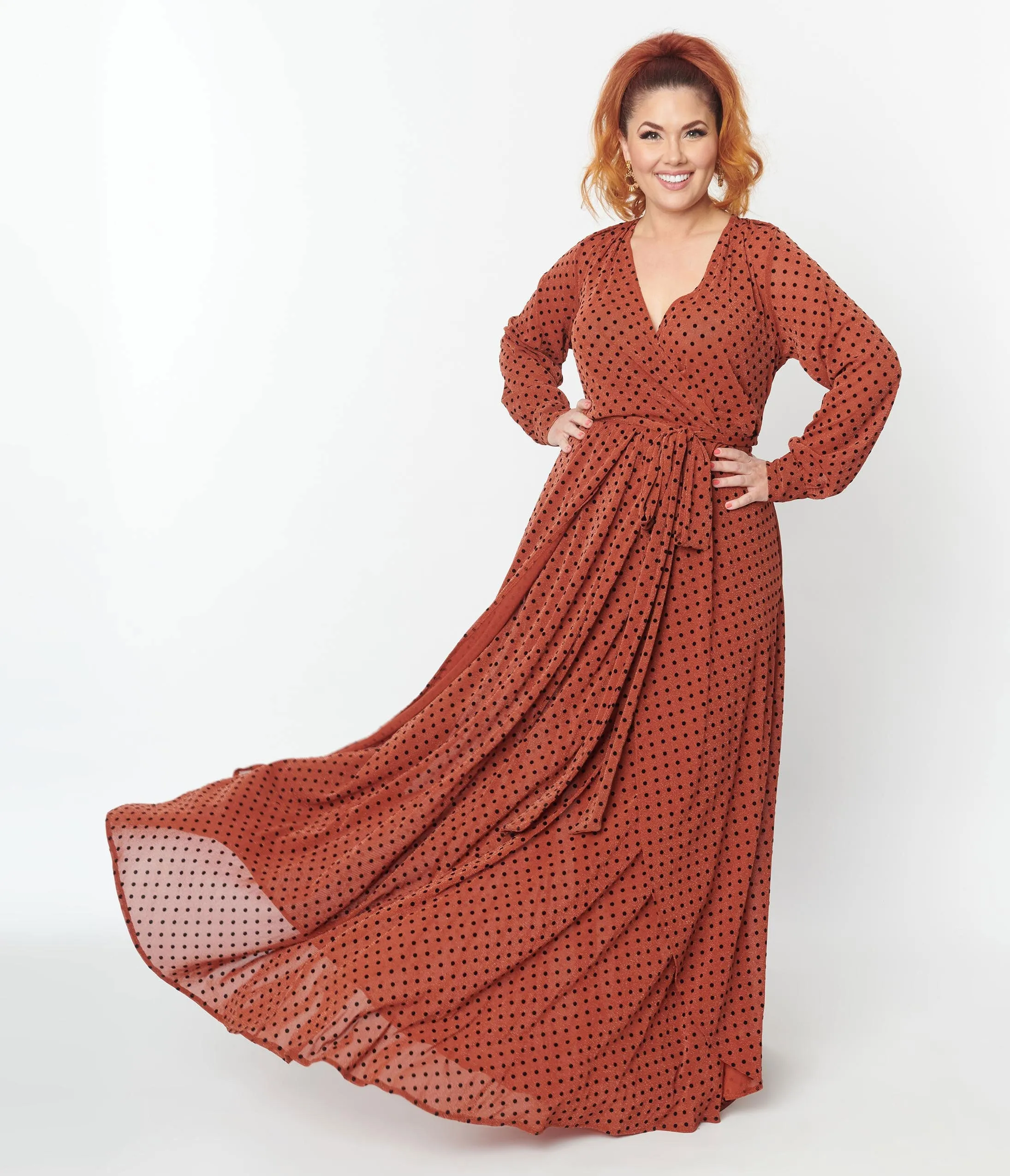 Unique Vintage 1970s Rust & Black Polka Dot Farrah Maxi Dress