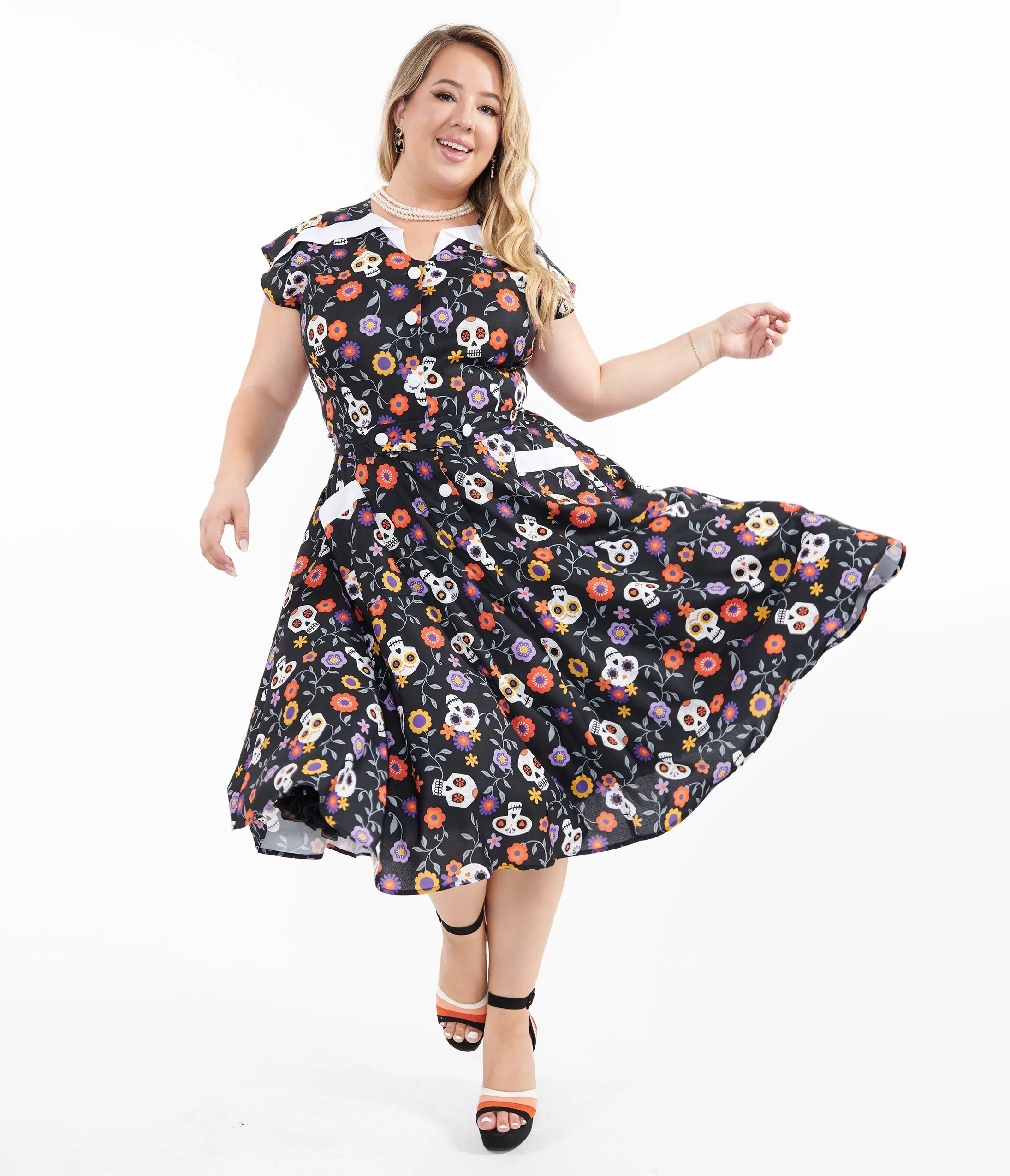 Unique Vintage Plus Size Sugar Skulls Hedda Swing Dress