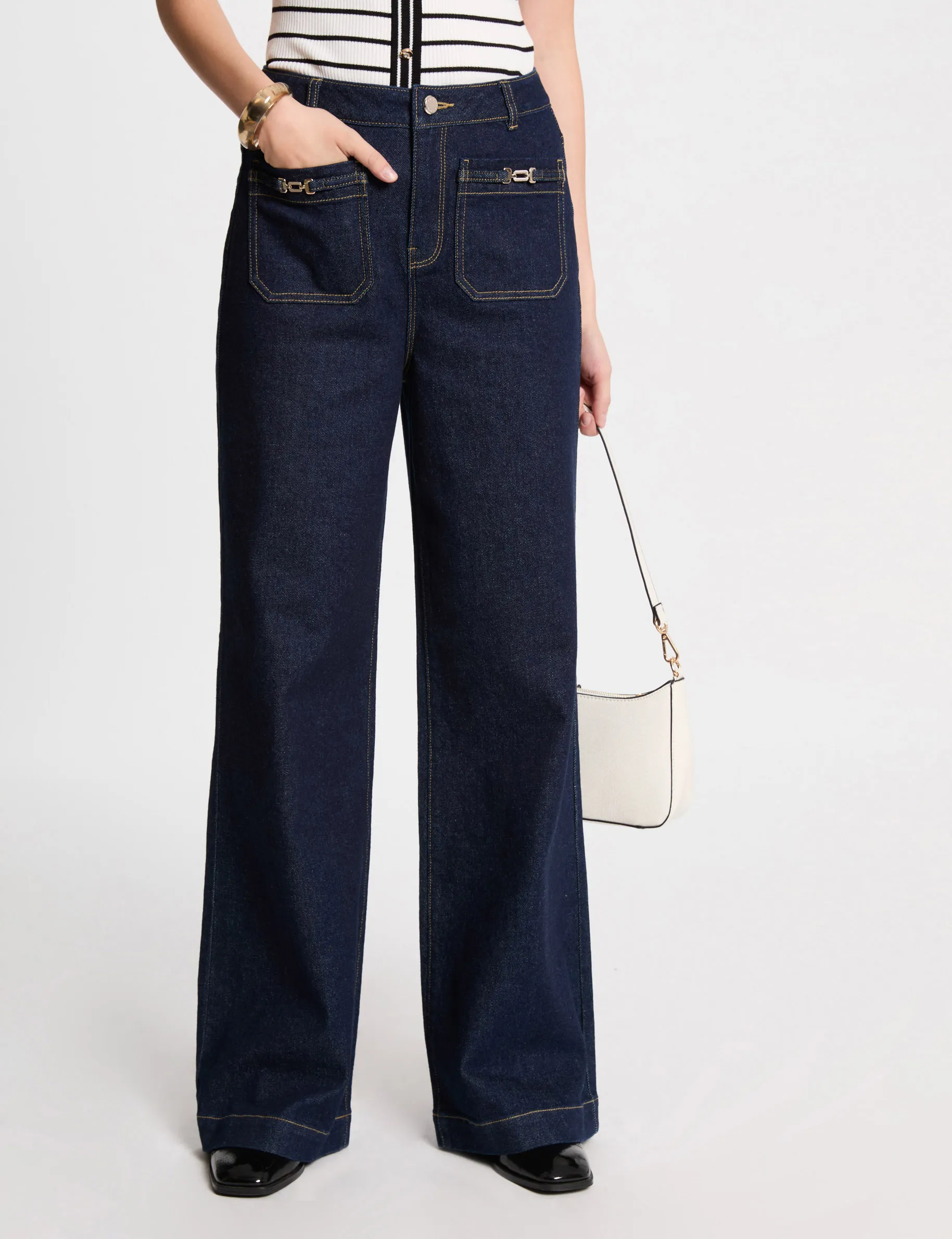 Wide leg jeans with ornaments raw denim women