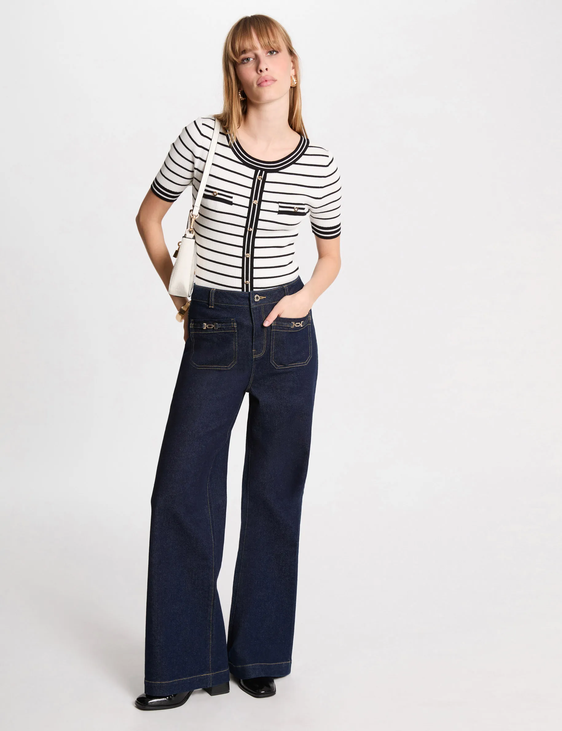 Wide leg jeans with ornaments raw denim women