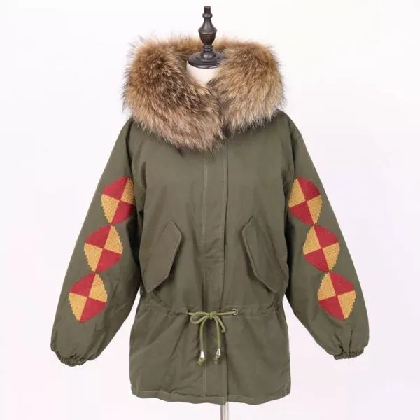 Winter coat for women with geometric embroidery and fur hood