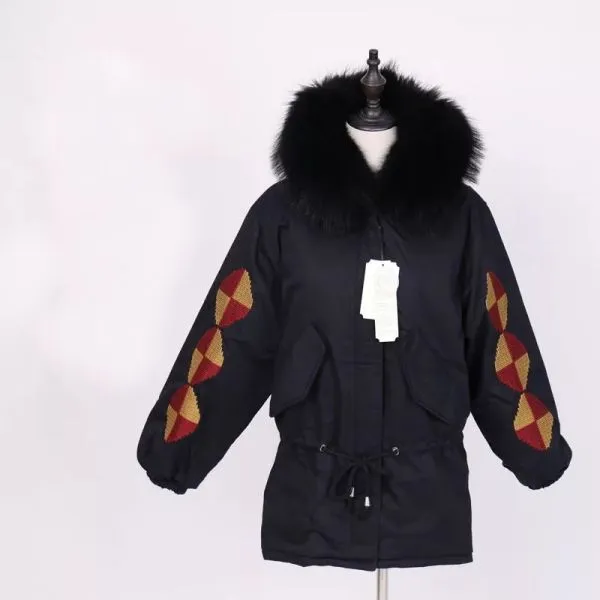 Winter coat for women with geometric embroidery and fur hood