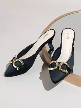 Women Black & Gold-Toned Buckle Embellished Kitten Heel Mules