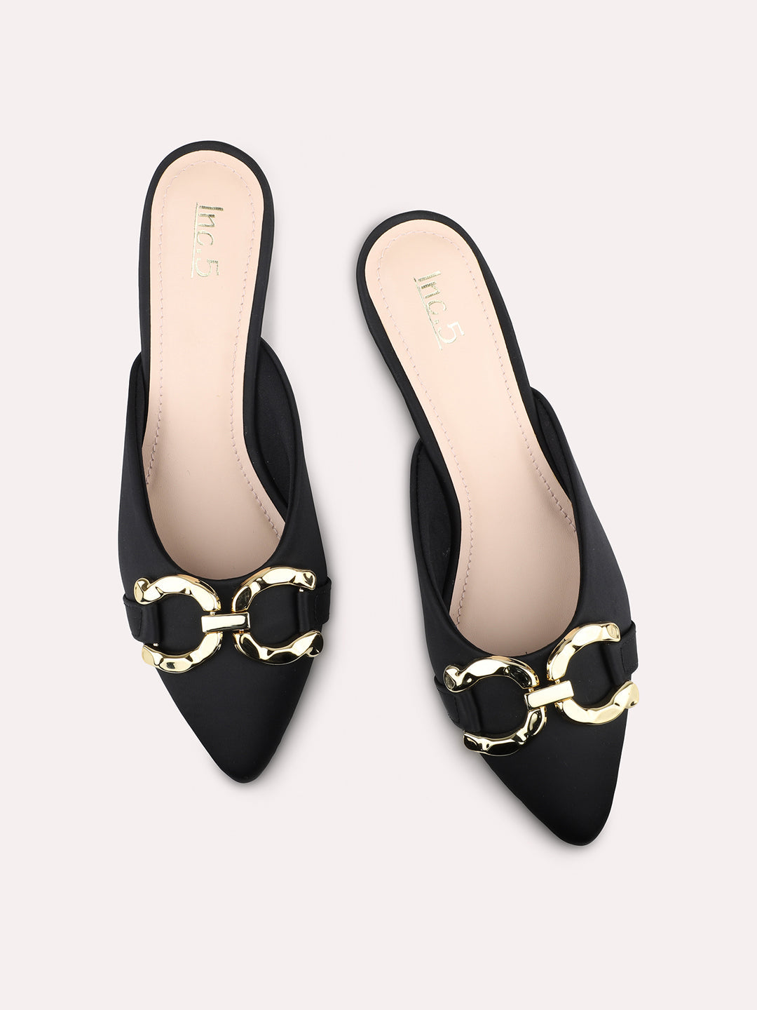 Women Black & Gold-Toned Buckle Embellished Kitten Heel Mules