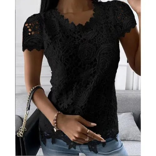 Women's Blouse Short Sleeve T-shirts Patchwork Lace Casual Solid Color