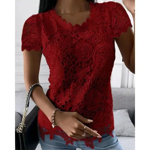 Women's Blouse Short Sleeve T-shirts Patchwork Lace Casual Solid Color