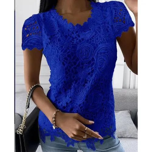 Women's Blouse Short Sleeve T-shirts Patchwork Lace Casual Solid Color