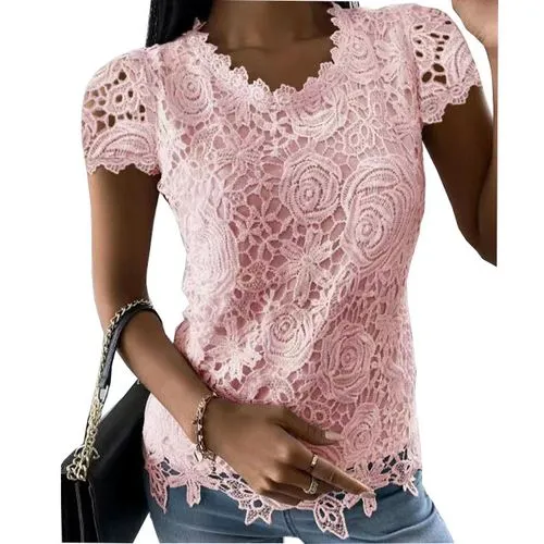 Women's Blouse Short Sleeve T-shirts Patchwork Lace Casual Solid Color