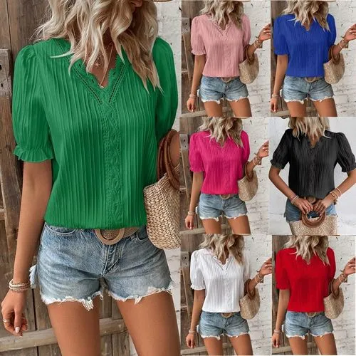 Women's Chiffon Shirt Short Sleeve T-shirts Casual Solid Color