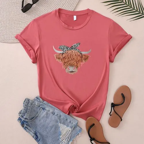 Women's T-shirt Short Sleeve T-Shirts Round Casual Cattle