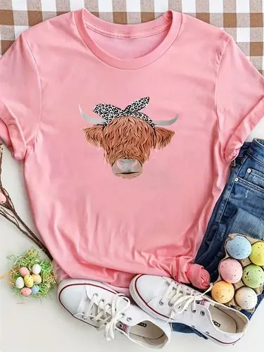 Women's T-shirt Short Sleeve T-Shirts Round Casual Cattle