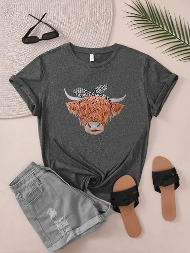 Women's T-shirt Short Sleeve T-Shirts Round Casual Cattle