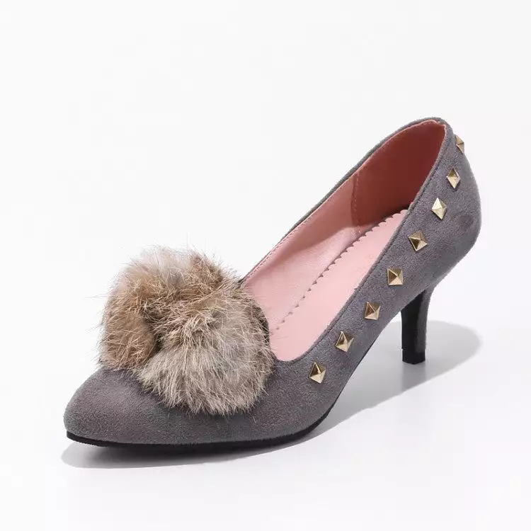 Women's Flock Pointed Toe Furry Rivets Shallow Stiletto Heel Pumps