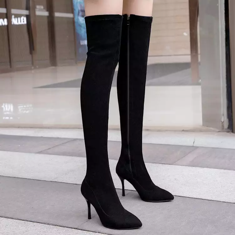 Women's Flock Pointed Toe Stiletto Heel Over Knee Boots