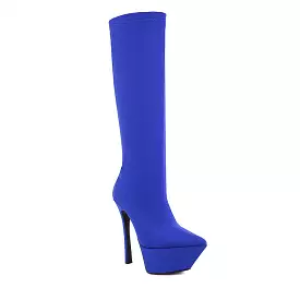 Women's Flock Pointed Toe Stiletto Heel Platform Knee High Boots