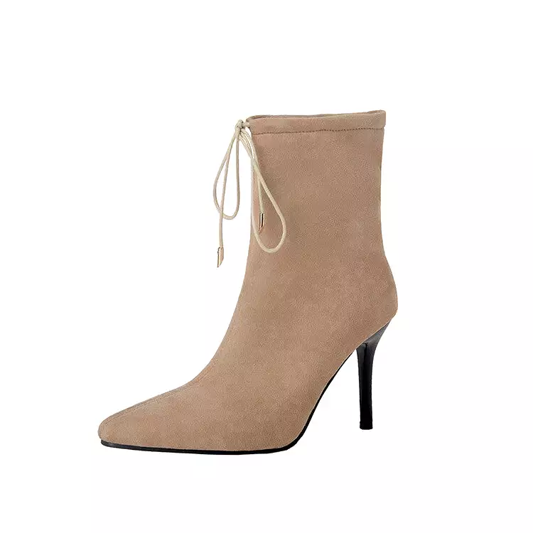 Women's Flock Pointed Toe Stiletto Heel Tied Straps Ankle Boots