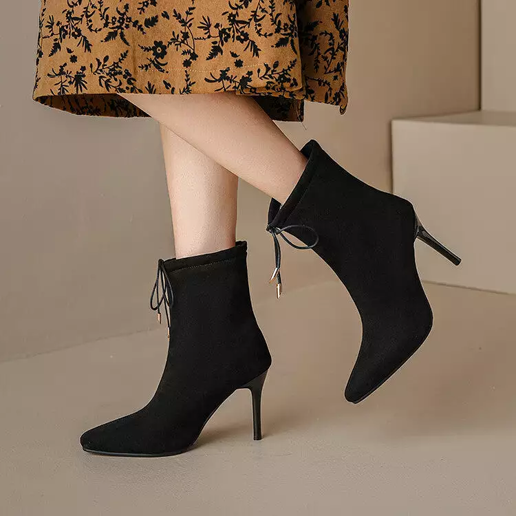 Women's Flock Pointed Toe Stiletto Heel Tied Straps Ankle Boots