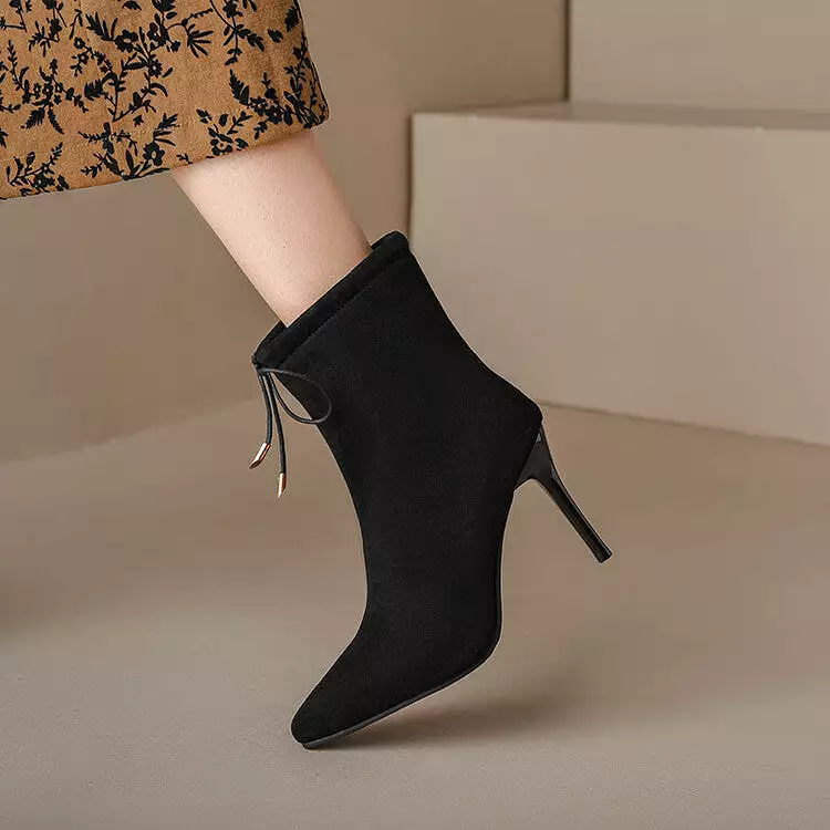 Women's Flock Pointed Toe Stiletto Heel Tied Straps Ankle Boots