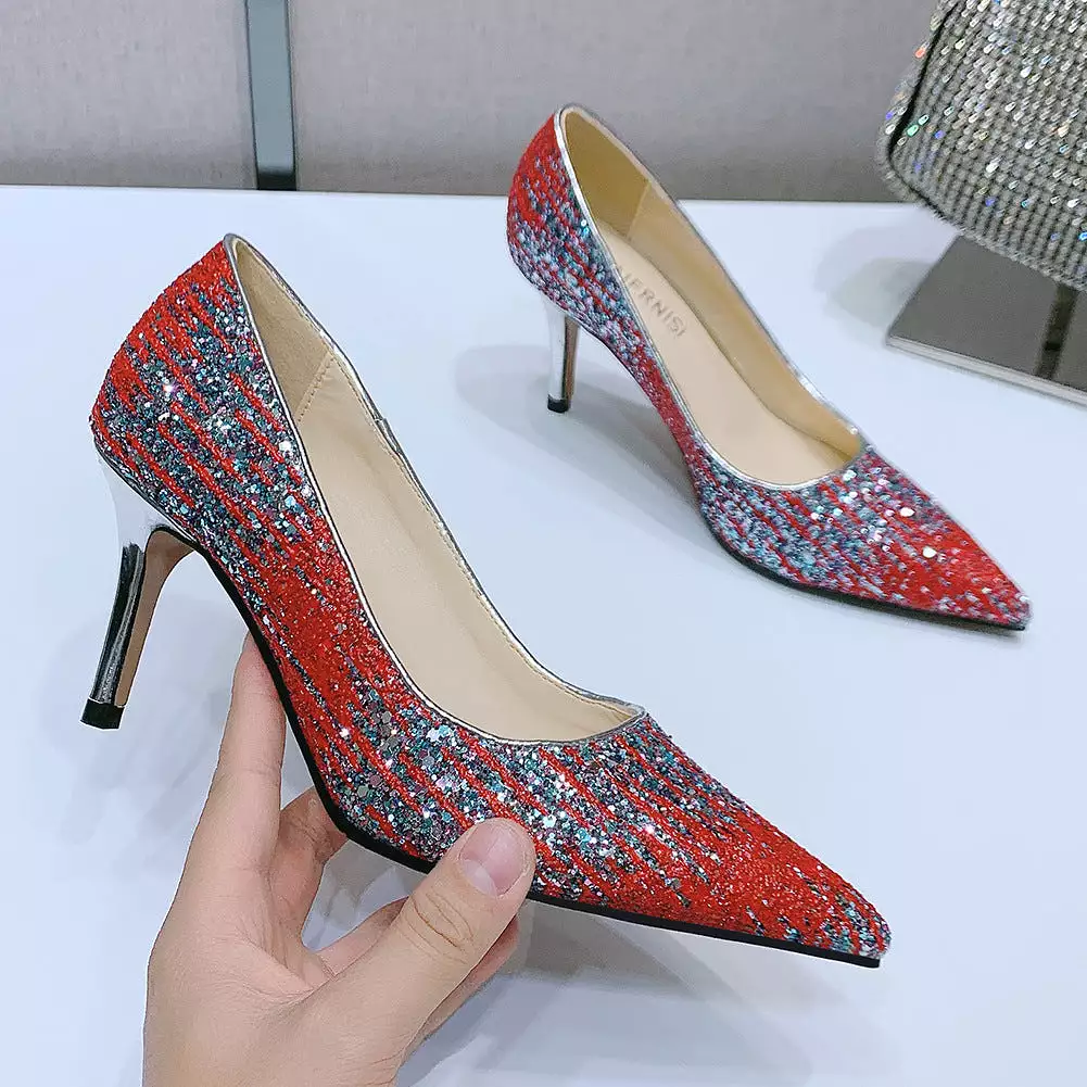 Women's French Style Sequins Shallow Stiletto Heel Pumps