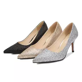 Women's Glittery Pointed Toe Shallow Stiletto Heel Pumps