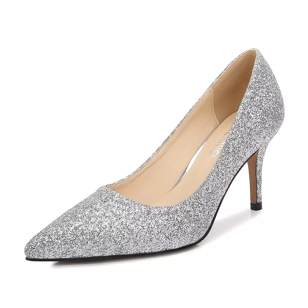 Women's Glittery Pointed Toe Shallow Stiletto Heel Pumps