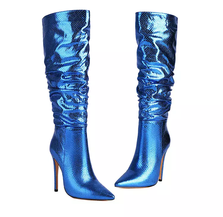 Women's Glossy Pointed Toe Stiletto Heel Slouch Knee High Boots