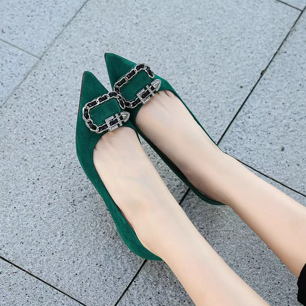 Women's Metal Chains Buckles Pointed Toe Shallow Stiletto Heel Pumps