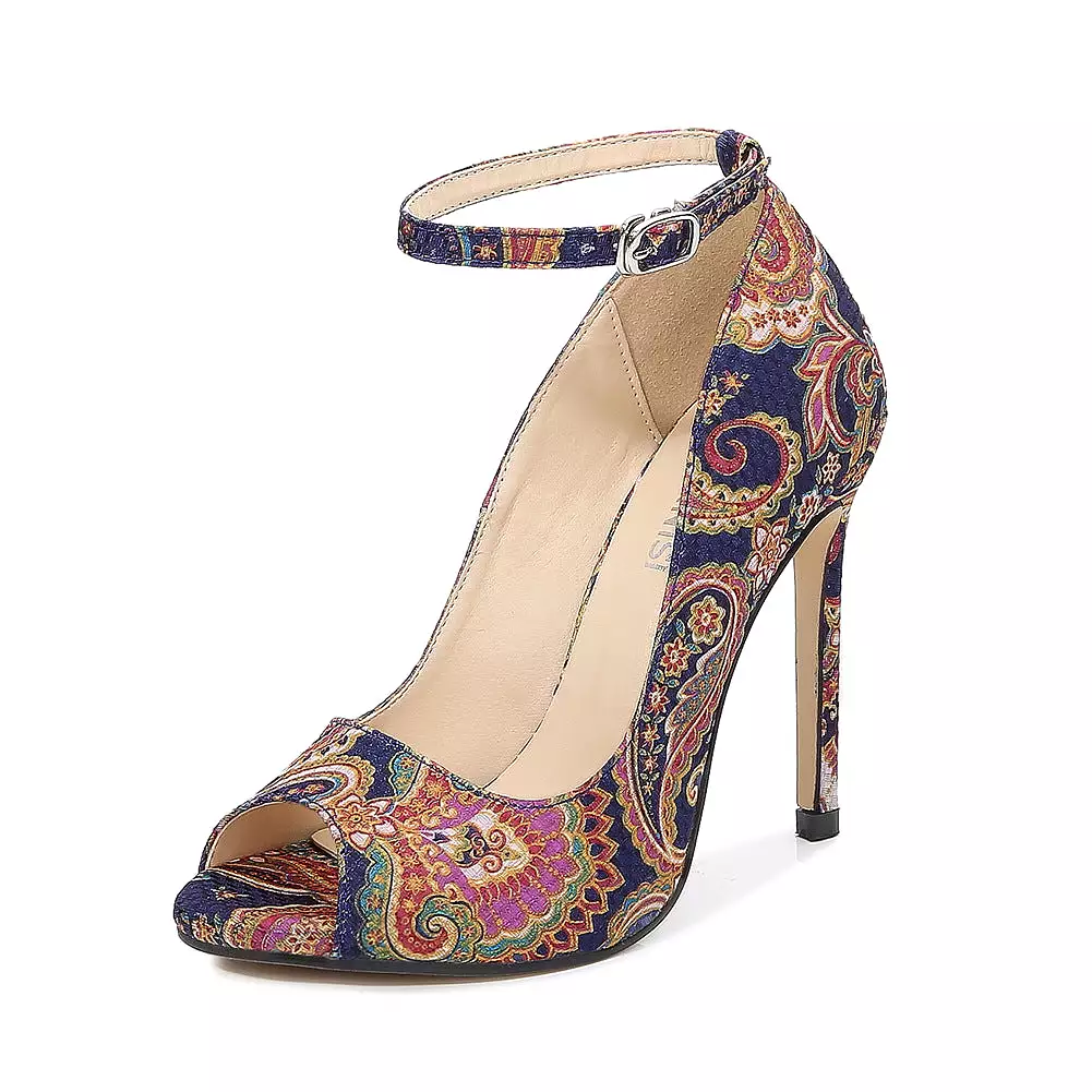 Women's Peep Toe Embroidery Flora Shallow Stiletto Heel Pumps