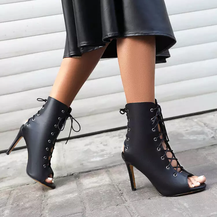 Women's Peep Toe Lace-Up Round Toe Stiletto Heel Ankle Boots