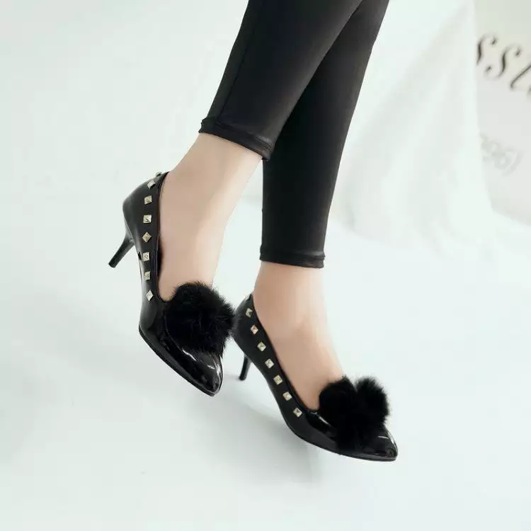 Women's Pointed Toe Furry Rivets Shallow Stiletto Heel Pumps