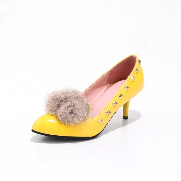 Women's Pointed Toe Furry Rivets Shallow Stiletto Heel Pumps